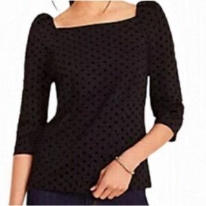 Ann Taylor | Black On Black Square Neck Velvet Polka Dots Blouse Puff Sleeve M